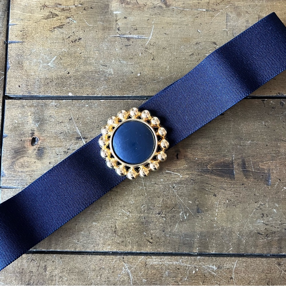 Vintage 1980s Dark Navy Blue Stretch Belt – Gold Buckle - Picture 2 of 7